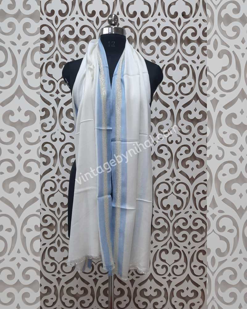 White Modal Silk Stole with Zari Border 